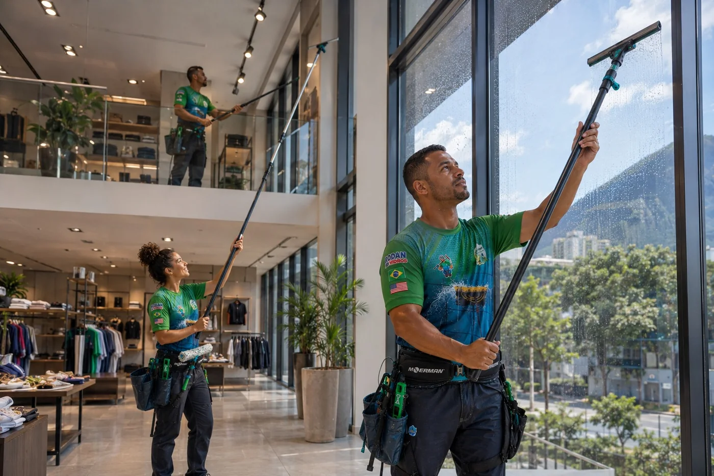 Limpeza profissional de vidros em loja