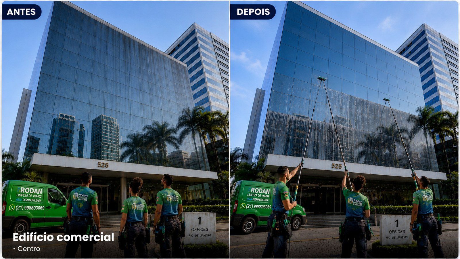 Antes e depois da limpeza de fachada comercial